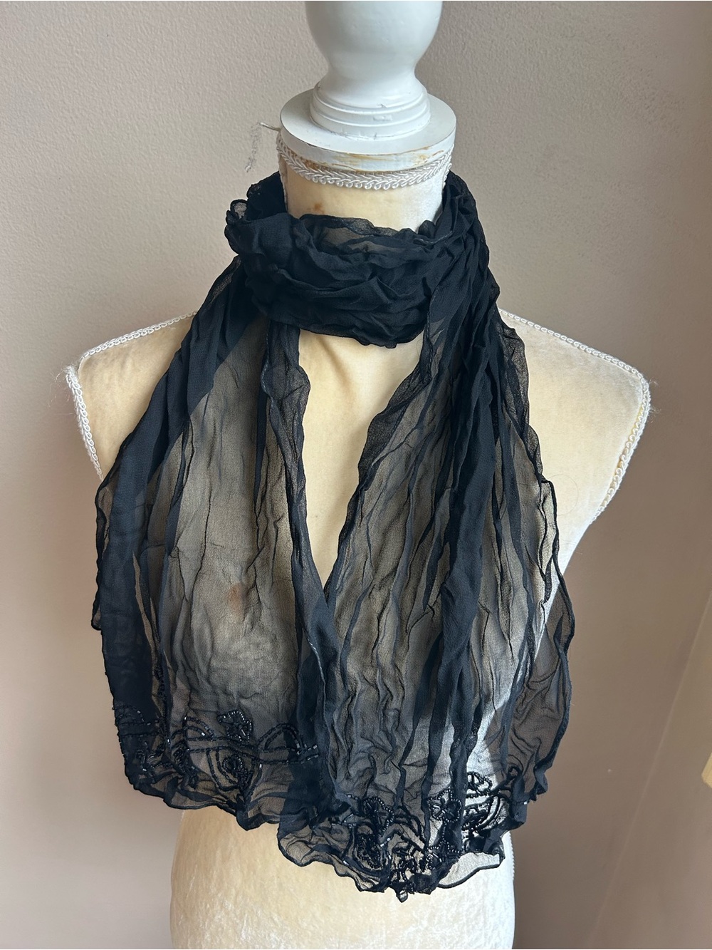 New Womens Black Crinkle Scarf  Beaded 5001-3102